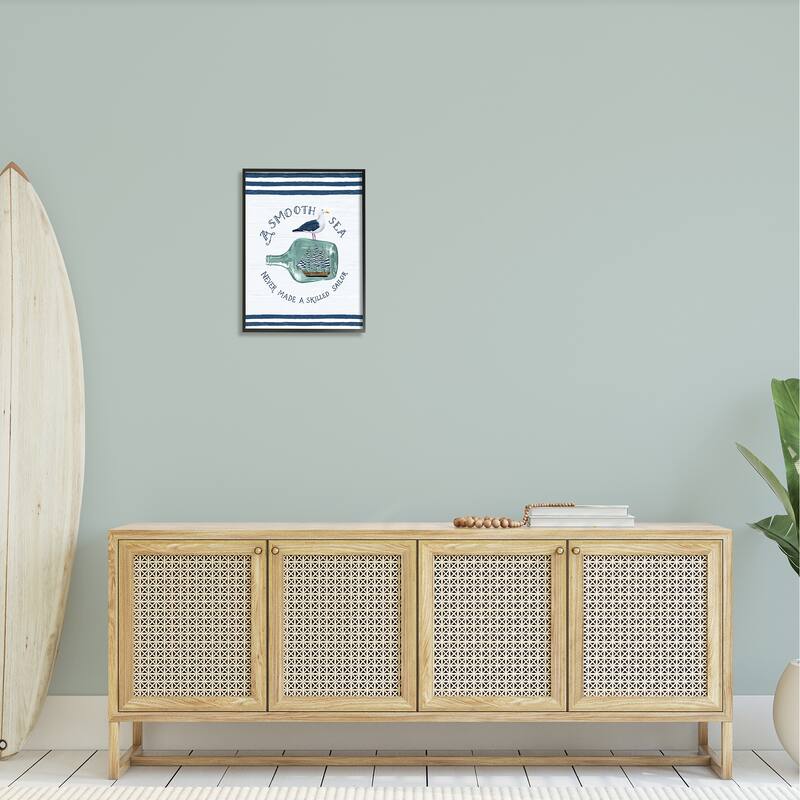 Stupell Ship In Bottle Seagull Striped Nautical Phrase Framed Wall Art, Design by Raquel Maciel - Blue
