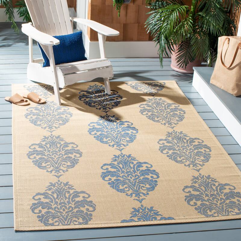SAFAVIEH Courtyard Pauley Damask Indoor/ Outdoor Waterproof Patio Backyard Rug - 2'7" x 5' - Natural/Blue