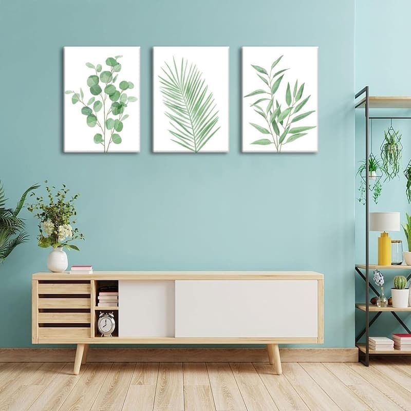 Set of 3 Framed Sage Green Painting Eucalyptus Leaf