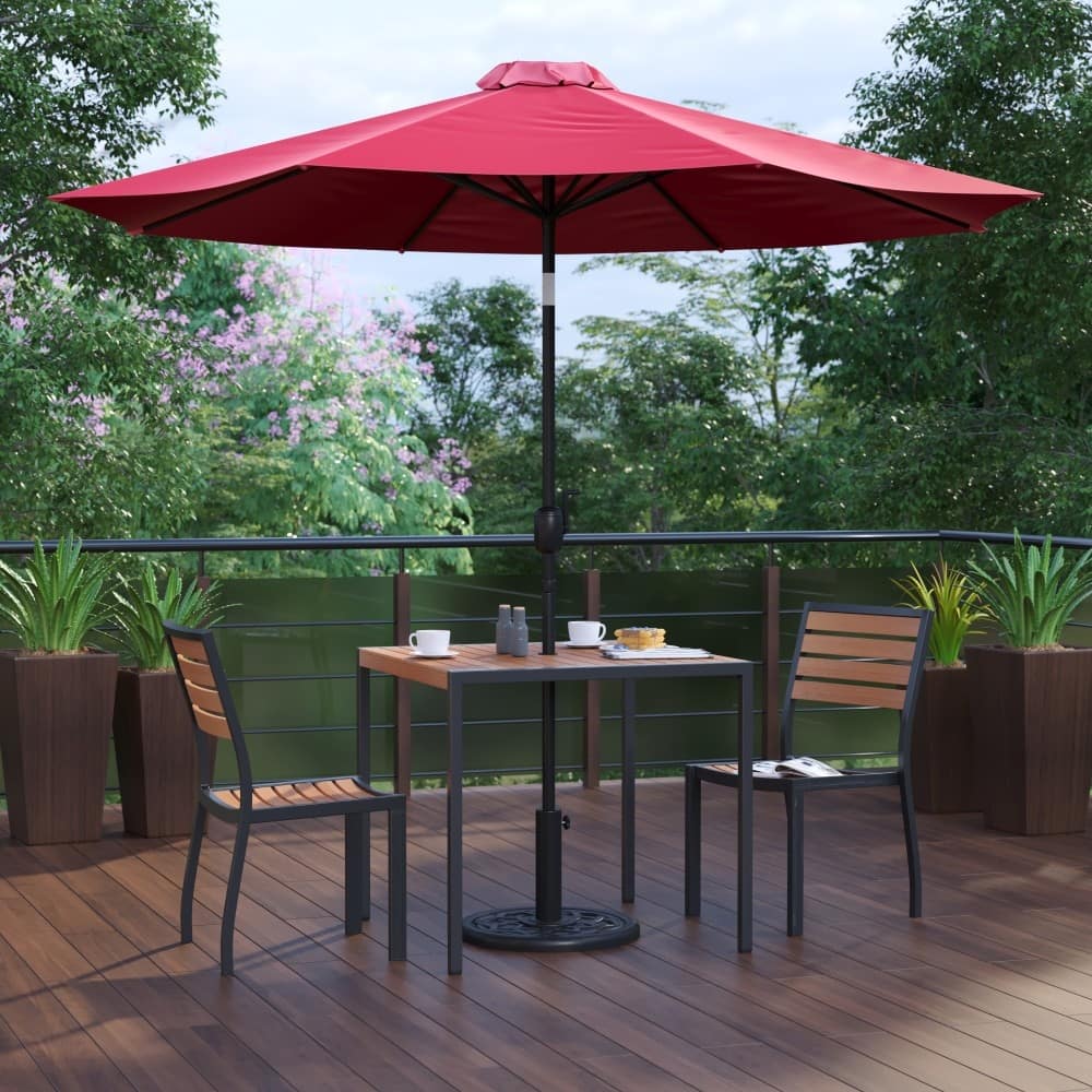 Faux Teak Patio Table, 2 Chairs & 9FT Patio Umbrella with Base