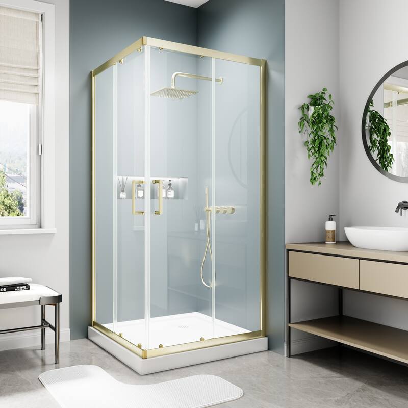 Modland 36x71''H Corner Double Sliding Shower Door with 6mm Tempered Glass for Space-Saving Sliding Design, Black/Gold