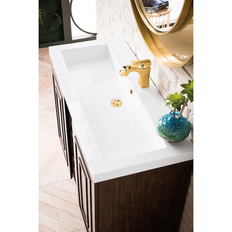 James Martin Vanities Alicante 39.5" Single Vanity Cabinet, Mid Century Acaia, w/ White Glossy Composite Stone Countertop