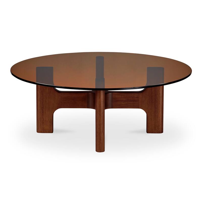 NADAAL STUDIOS Thea Coffee Table, Oval Amber Tempered Glass Top, Rubber Wood Legs, Amber