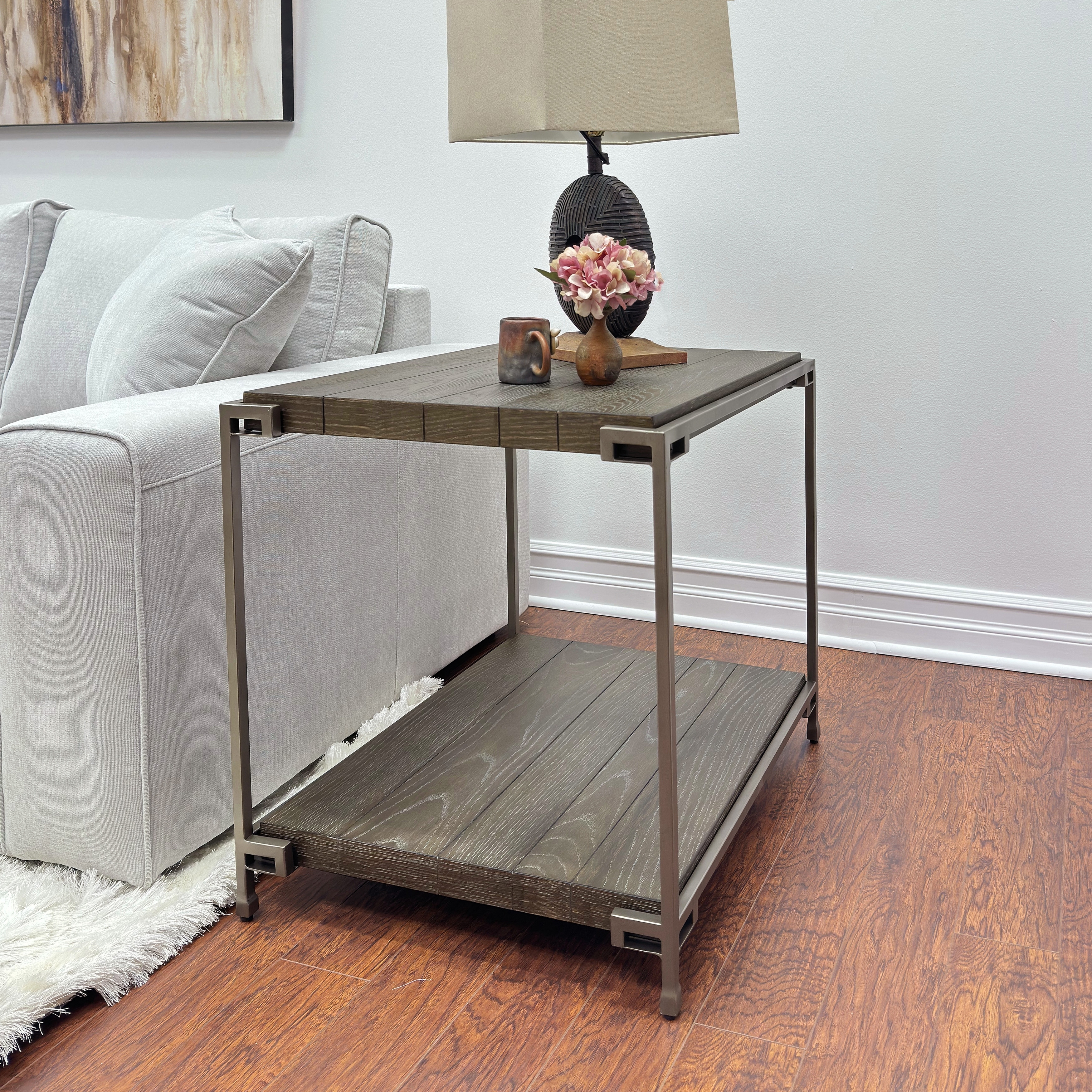 Metal Frame Wood Living Room End Table with Shelf, Aged Graphite