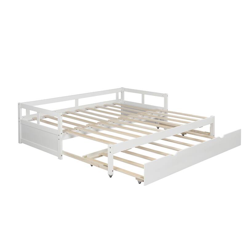White Twin Size Pine Wood Extending Daybed with Twin Size Trundle, Sturdy Frame, Slat Kit Included