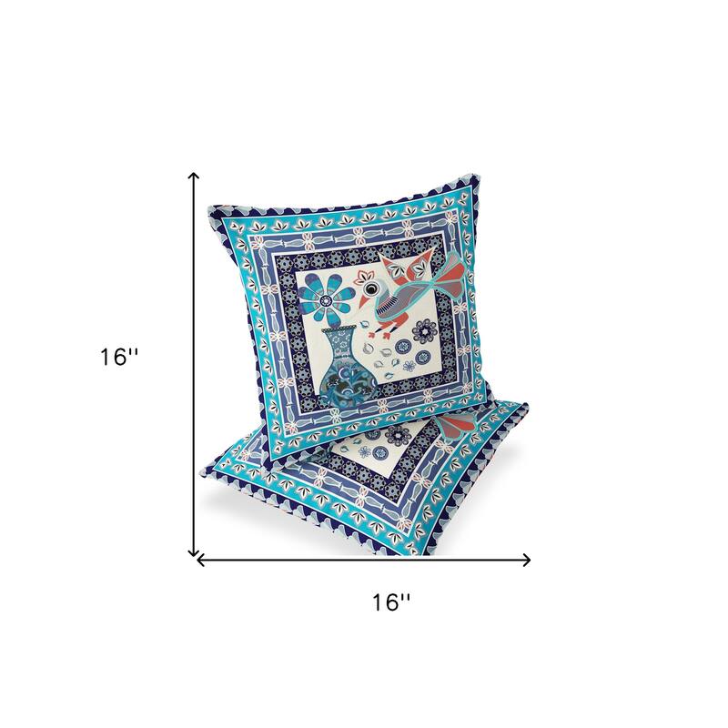 HomeRoots Set of Two 16" X 16" Blue and Off White Peacock Blown Seam Floral Indoor Outdoor Throw Pillow
