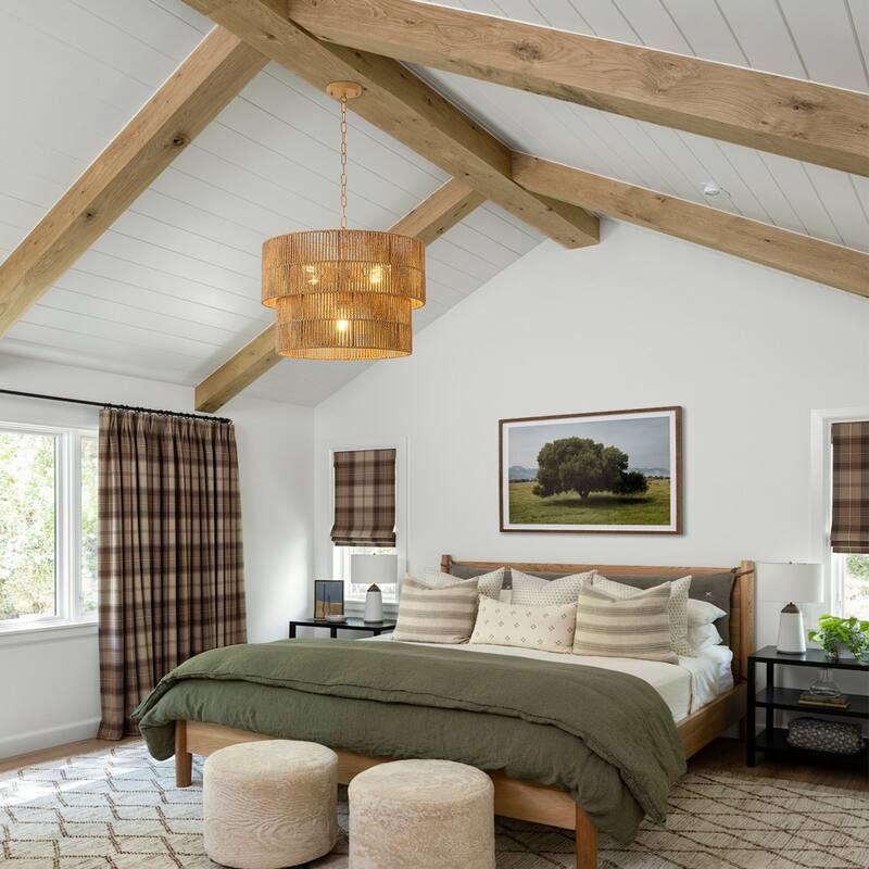 5-Light Rattan Tiered Drum Chandelier Light -21.7 in. W - 21.7 in. W