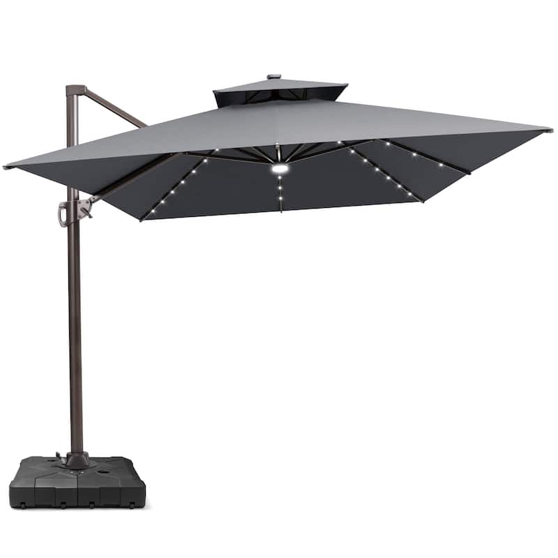 10 FT x 13 FT Outdoor LED Lighted Double Top Patio Cantilever Umbrella with Base Stand - Dark Grey