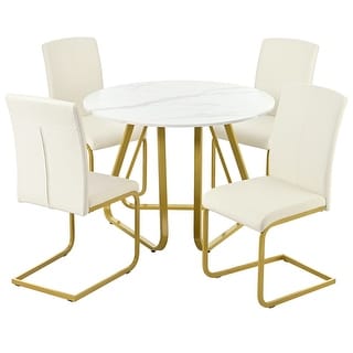 5-Piece Metal Frame Creative Round Dining Table Set with Faux Marble ...