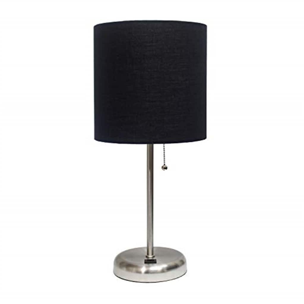 19.5 in. Brushed Steel Finish Table Lamp with Black Shade, Durable Stick Lamp with USB Port for End/Side Tables