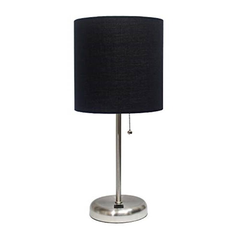 19.5 in. Brushed Steel Finish Table Lamp with Black Shade, Durable Stick Lamp with USB Port for End/Side Tables