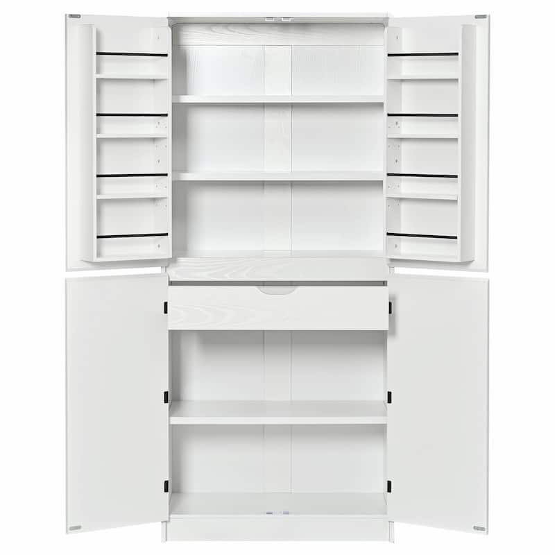 72" Tall Farmhouse Kitchen Pantry Cabinet, 8 Door Shelves, Curved Design Storage Cabinet with 3 Adjustable Shelves