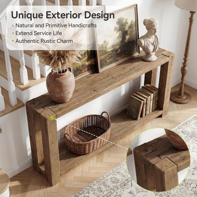 63-Inch Solid Wood Console Table, 2-Tier Farmhouse Rustic Entryway Table with Open Shelf - 11.81" W x 62.99" L x 31.5" H