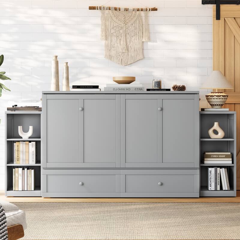 Foldable Wall Cabinet Queen Murphy Bed with Drawers and Open Shelves - Light Grey - Queen