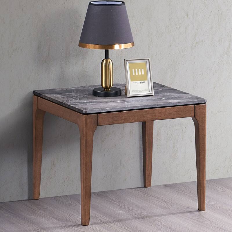 ACME Bevis End Table, Engineered Stone & Walnut Finish