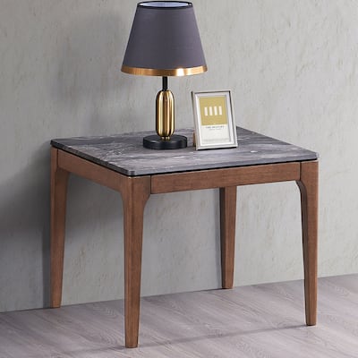 ACME Bevis End Table, Engineered Stone & Walnut Finish