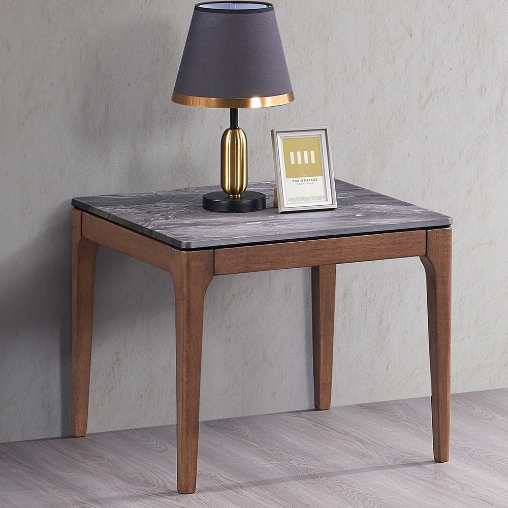 ACME Bevis End Table, Engineered Stone & Walnut Finish