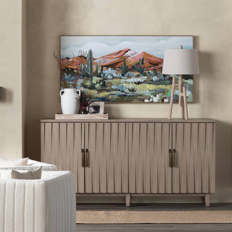 76 in. Tan Solid Wood 4 Door Media Credenza_Sideboard