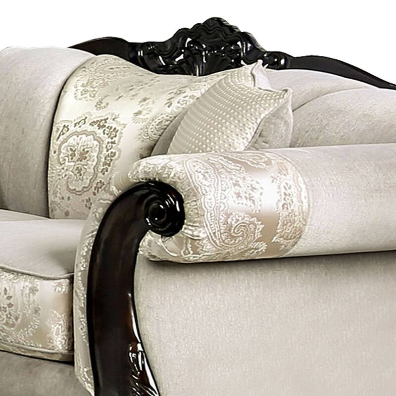 Chenille Fabric Upholstered Loveseat with Arched Back, Beige and Brown