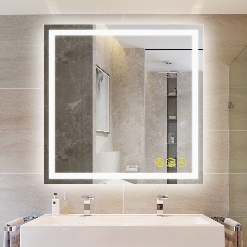 GlareGuard 36x36" Square Anti-Fog Dimmable Backlit LED Bathroom Vanity Mirror - Clear