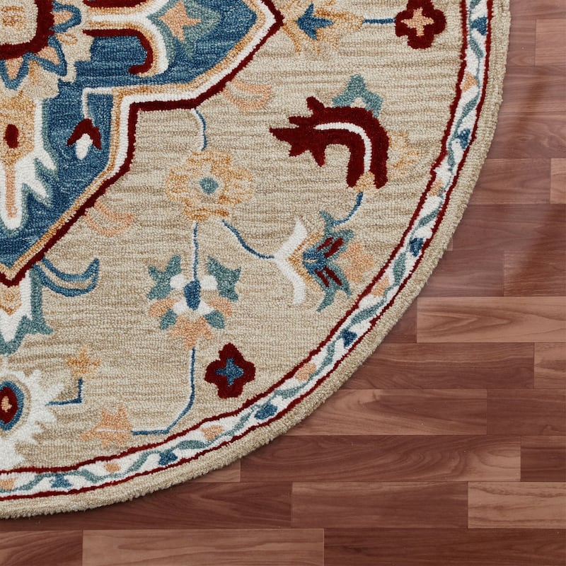Sevita Beige/Blue Medallion Round Area Rug