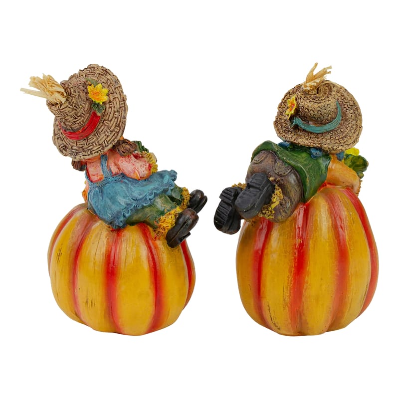 Set of 2 Girl and Boy Scarecrows on Pumpkins Fall Figurines 6"