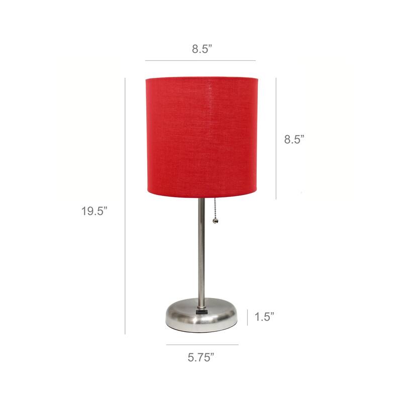 19.5 in. Brushed Steel Finish Table Lamp with Red Shade, Durable Stick Lamp for End/Side Tables, Set of 2