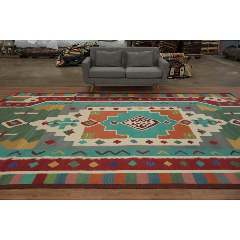 Hand Woven Oriental 100% Wool Carpet Southwestern Tribal Multi-Colored Kilim Area Rug - 14' 3'' X 8' 10''