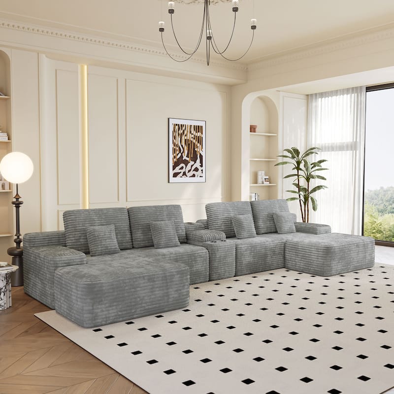 Corduroy Sectional Sofa with Ottomans, Console Table with Storage Box, Charging Station, Cup Holders and Bluetooth Speaker