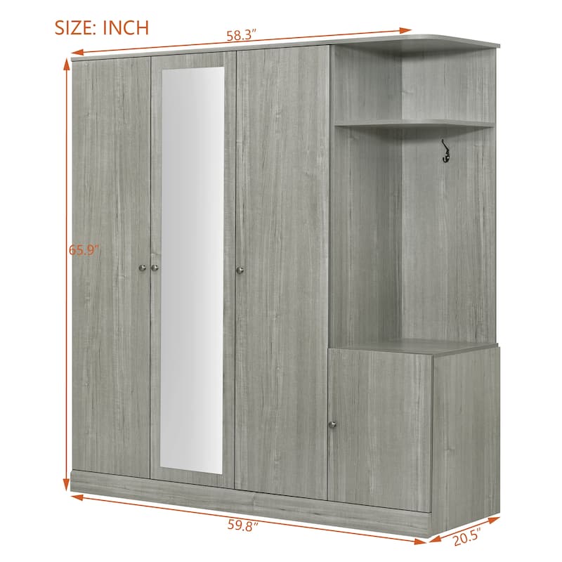 4-Door Wardrobe with Shelves, Drawers, and Full-Length Mirror