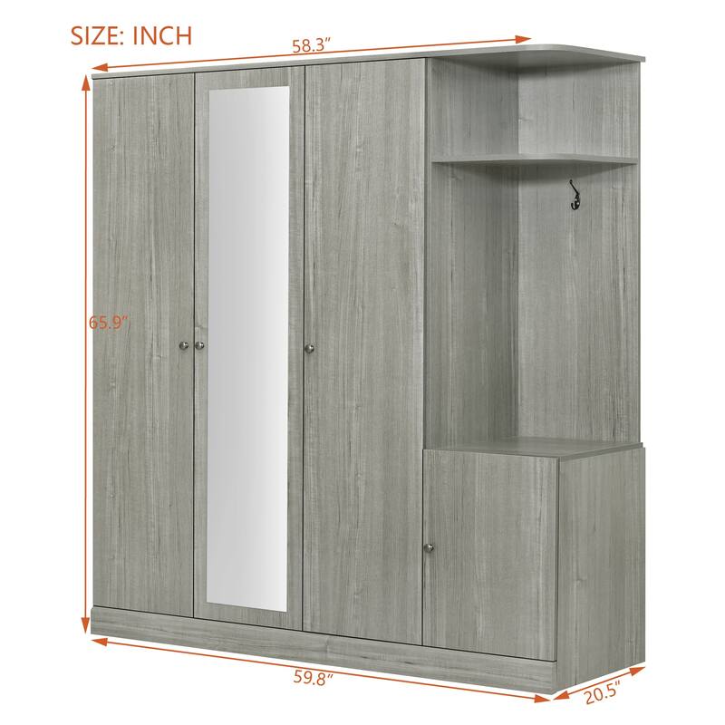 Mirrored Wardrobe Closet 4 Door Wooden Wardrobe with Drawers Large Armoire Closet with Open Storage Space