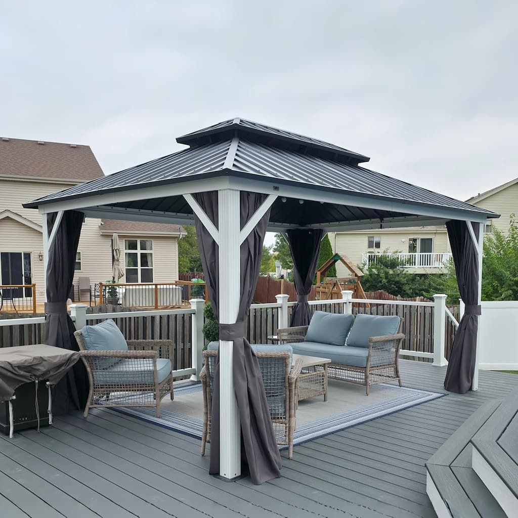 PURPLE LEAF Patio Hardtop Gazebo for Outdoor Grey Galvanized Steel Double Roof White Aluminum Poles