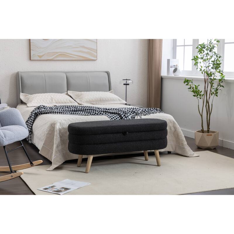 Bedroom Storage Bench, Velvet Oval Upholstered End of Bed Bench with Wood Legs, Modern Storage Ottoman Bench for Entryway