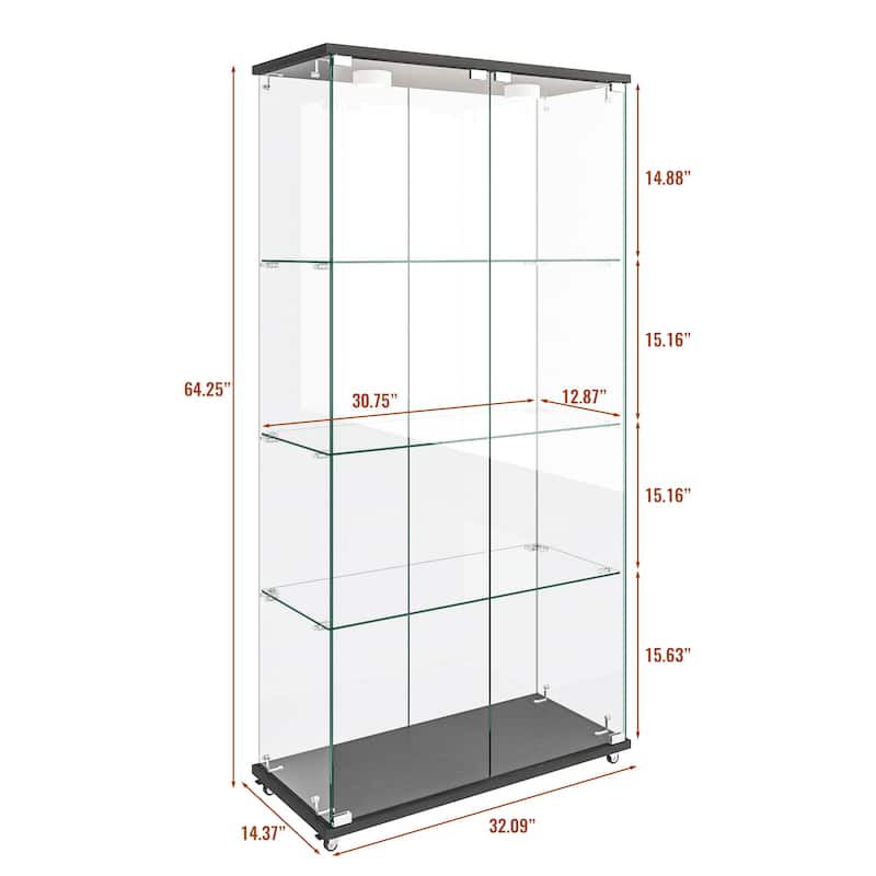 Modern 2-Door Glass Display Cabinet with LED Lights, 4-Shelf Tempered Glass Showcase for Collectibles and Storage