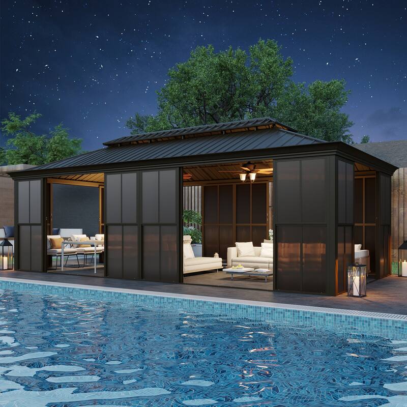 Hardtop Gazebo with Double Steel Roof, Sliding/Lockable Doors & Screens - All-Season Rustproof Aluminum Frame，Advanced Drainage