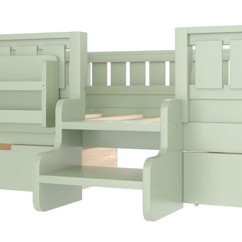 Multiple Colors Toddler Montessori Bed Children's Platform Bed with Low Profile Stairs, Built-in Bookshelf and Storage Drawers
