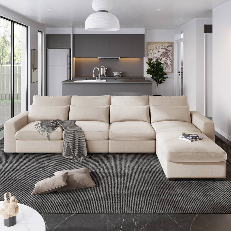 Spacious 5-Seater Sofa Chaise with Removable Cushions and Pillow Set for Home Comfort
