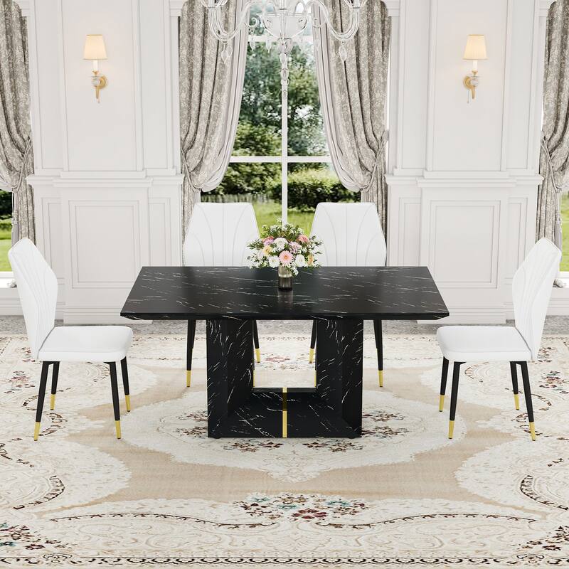 Roomfitters 5pcs Black Marble MDF Dining Table Set with PU Chairs and Widened Backrest Design