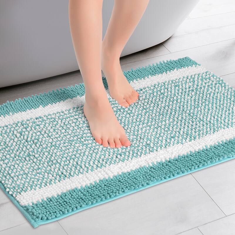 1 Pcs Chenille Striped Bathroom Rug Mat, Non-Slip Soft Plush Shaggy Bath Carpet - Green - 16" x 24"