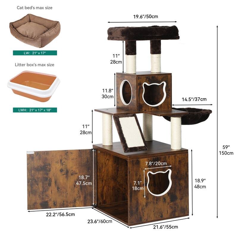 Moasis 59" Cat Condo with Litter Box Enclosure, Cat Bed, Cat House, Cat Tree