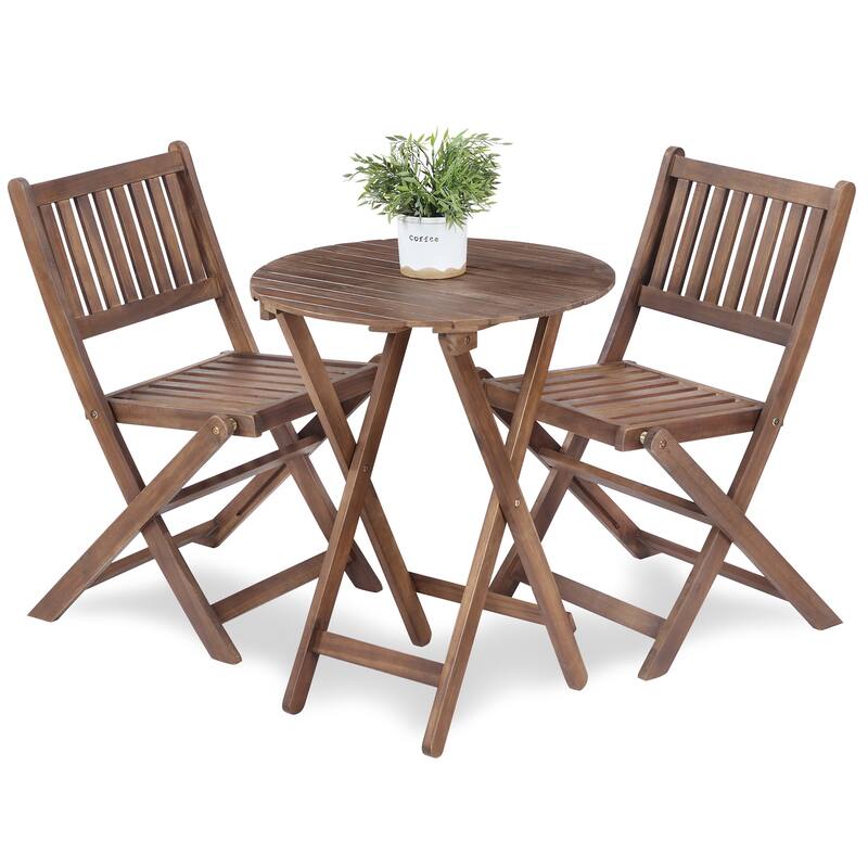 Acacia Wood Bistro Set with 2 Folding Chairs & Round Table, 3-Piece