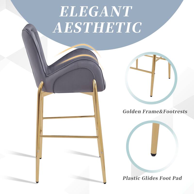 Velvet Bar Stools Set of 2, Counter Height Low Back Arm Chairs with Metal Legs, Kitchen Island Stools with Footrests