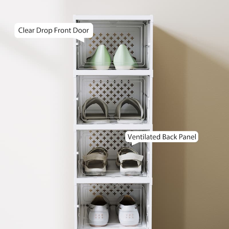 White PP ABS 8-Tier Foldable Shoe Organizer with Clear Doors - 10.2" W x 13.8" D x 55.1" H