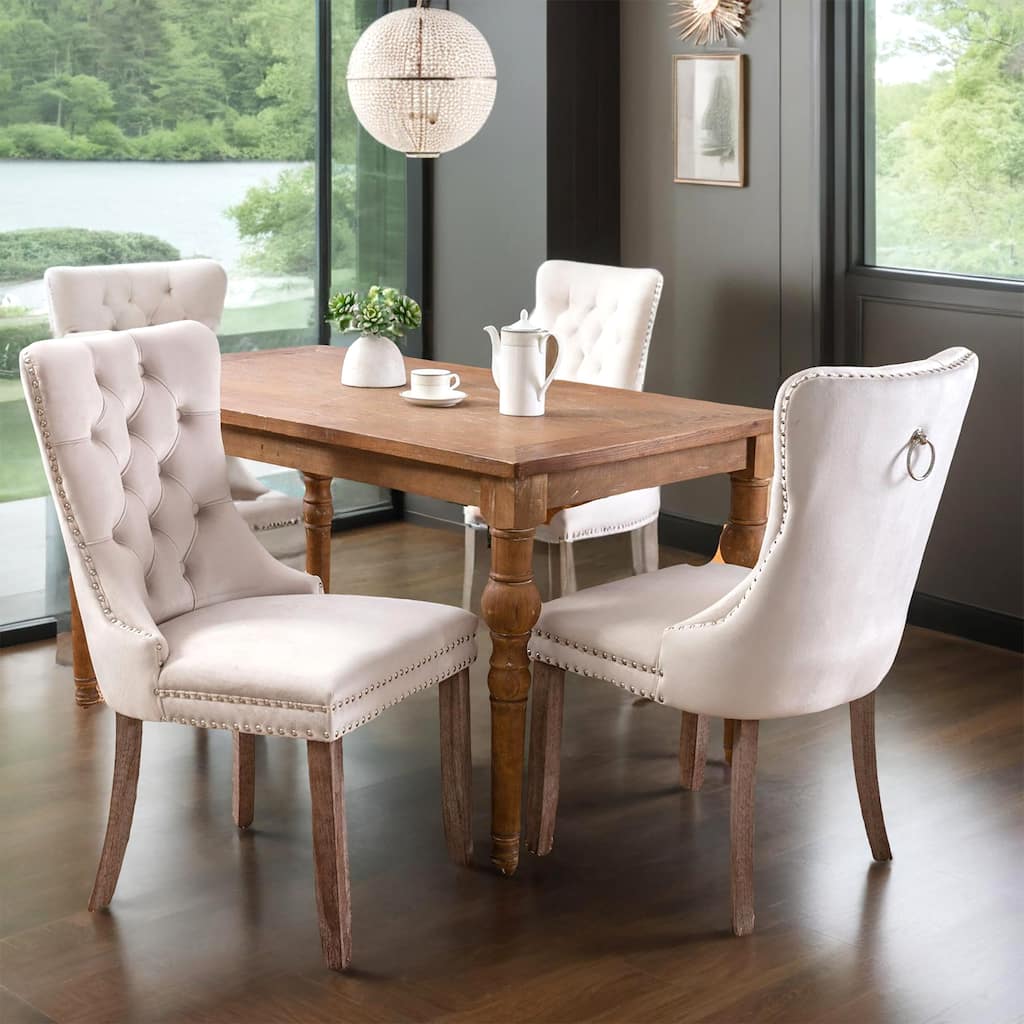 Modern, High-end Tufted Solid Wood Dining Chair with Wood Legs Nailhead Trim 2-Pcs Set
