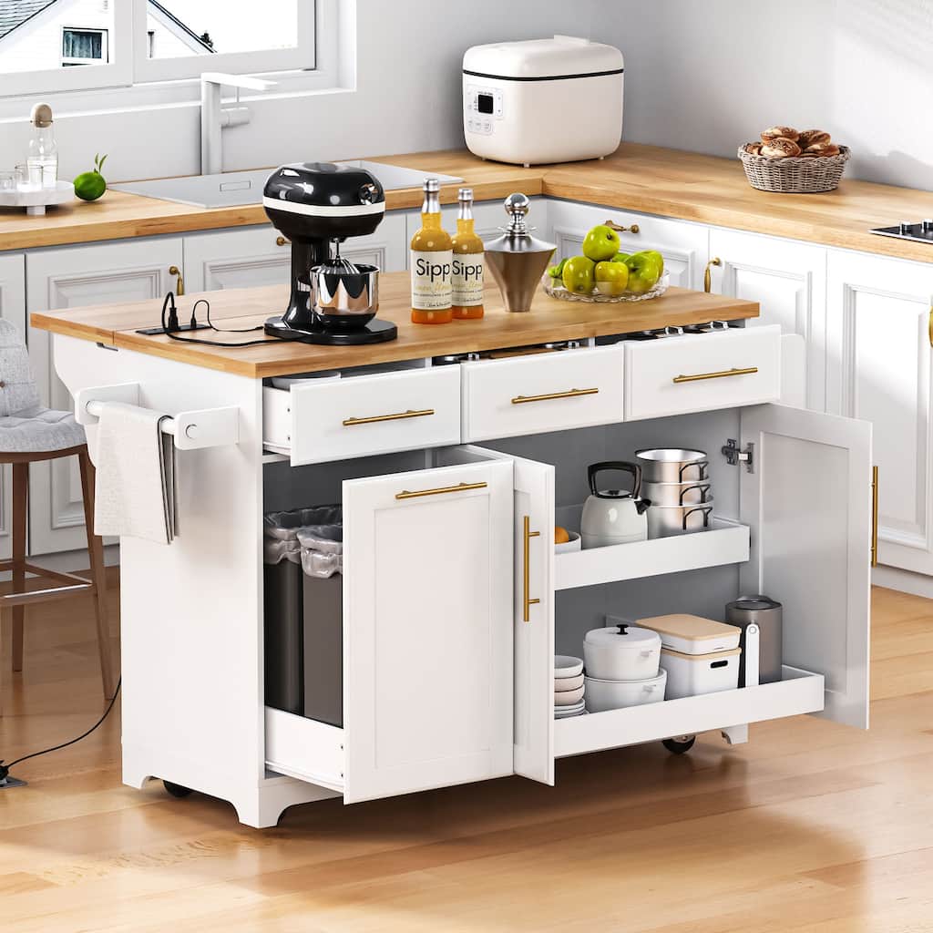 59.3" Rolling Kitchen Island with Drop Leaf, Power Outlet & Trash Can Storage