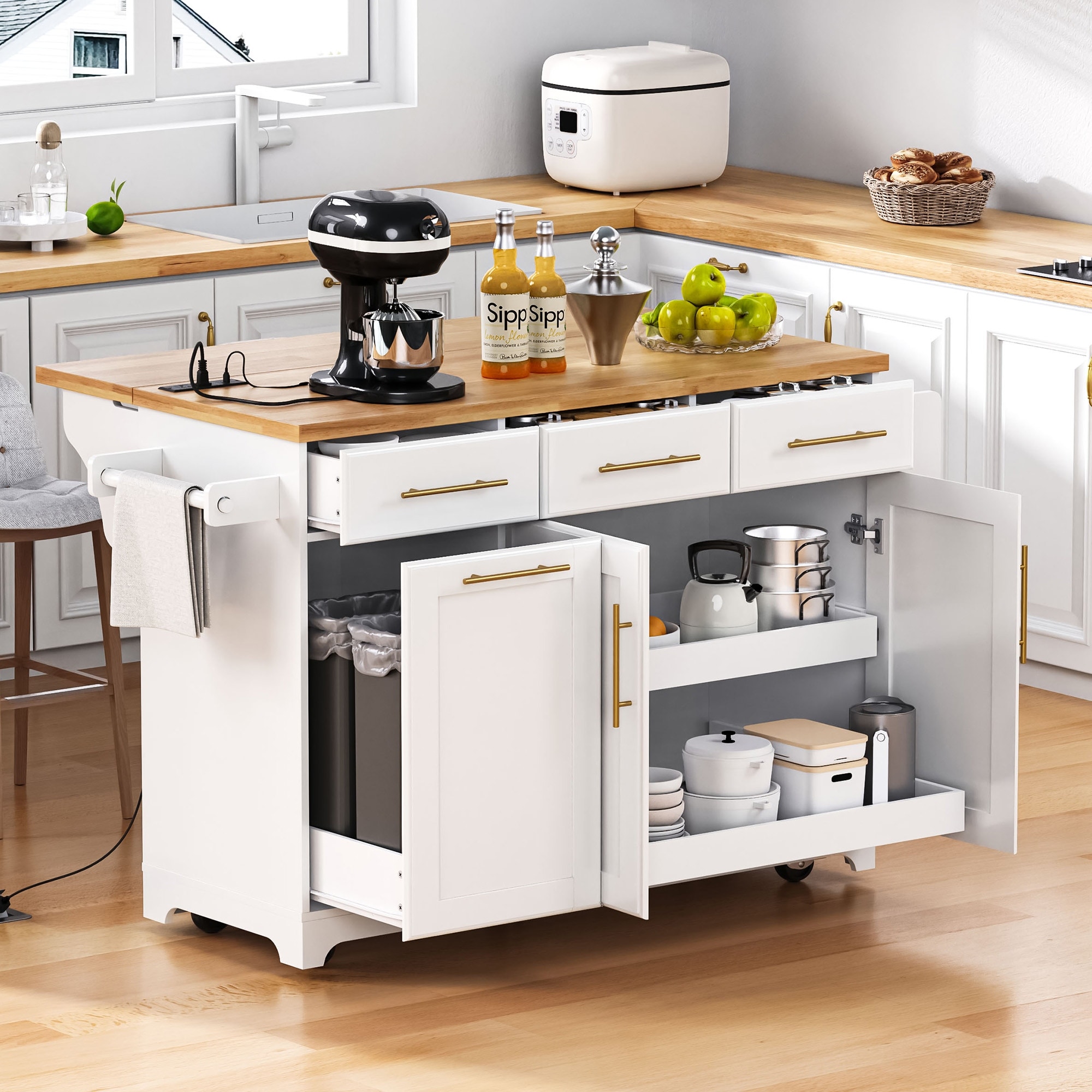 59.3" Rolling Kitchen Island with Drop Leaf, Power Outlet & Trash Can Storage