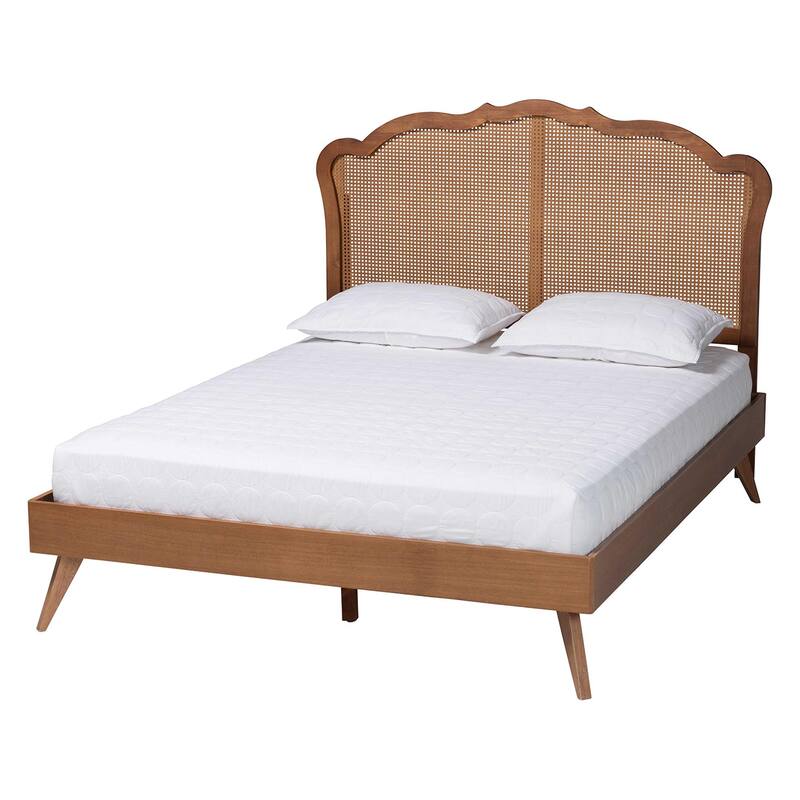Aithan Mid-Century Walnut Brown Wood and Rattan Platform Bed - Queen