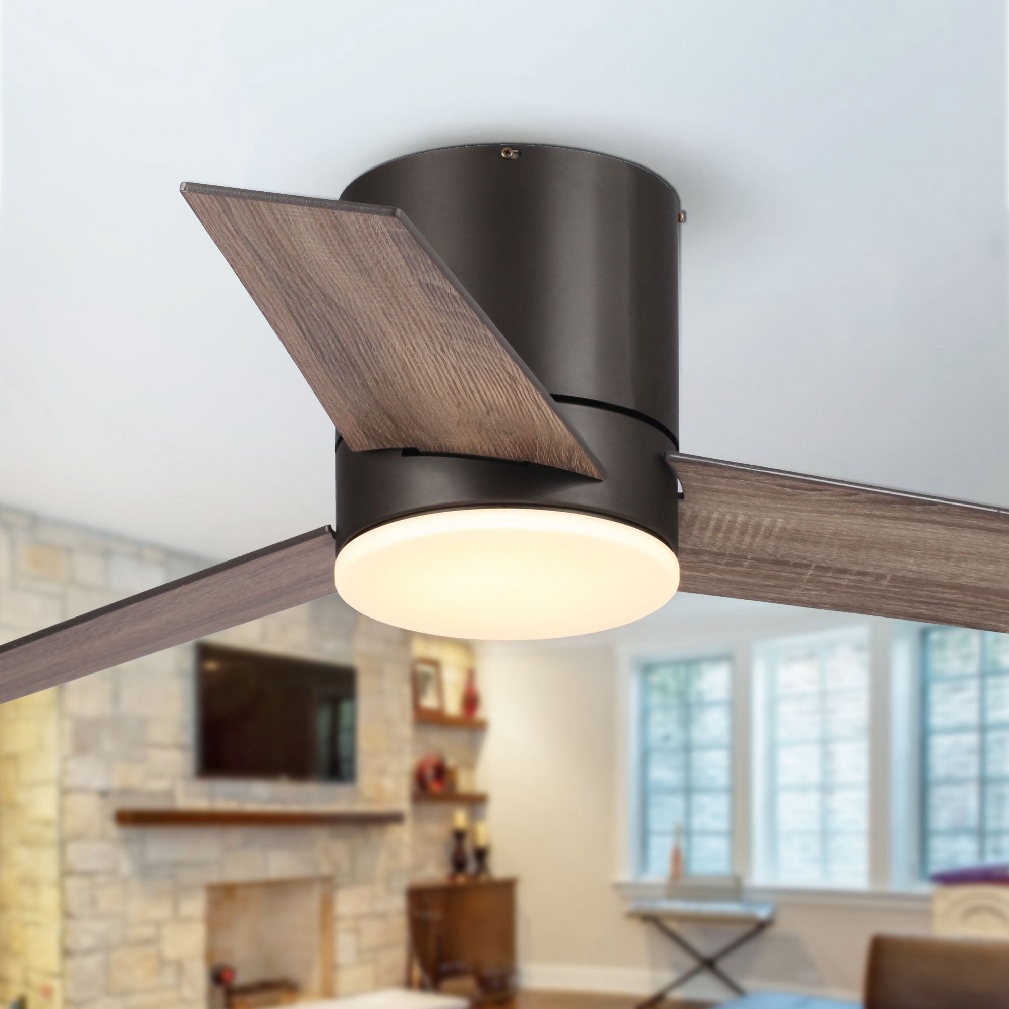 48" Oil-rubbed Bronze Plywood 3-Blade Flush Mount Ceiling Fan with Light and Remote