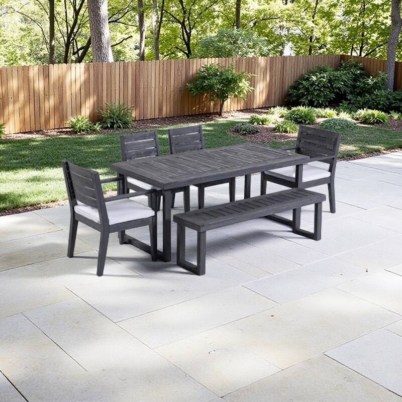 6-Piece Acacia Wood Outdoor Dining Set with Bench and Water-Resistant Cushions, Dark Gray Frame with Light Gray Seating - DARK GREY,LIGHT GREY