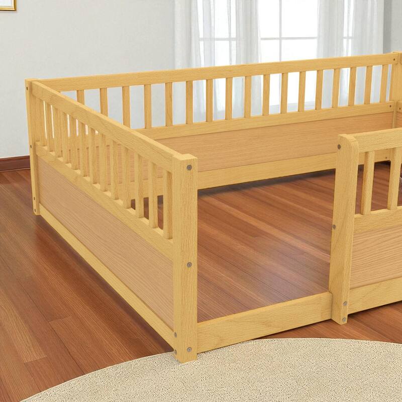 Twin/Full Montessori Floor Bed with High Fence & Open Door, Solid Pine, Playroom/Bedroom, No Box Spring